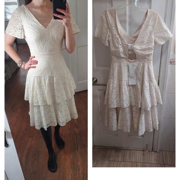 Gal Meets Glam White Doris Bow Back Tiered Lace Dress
